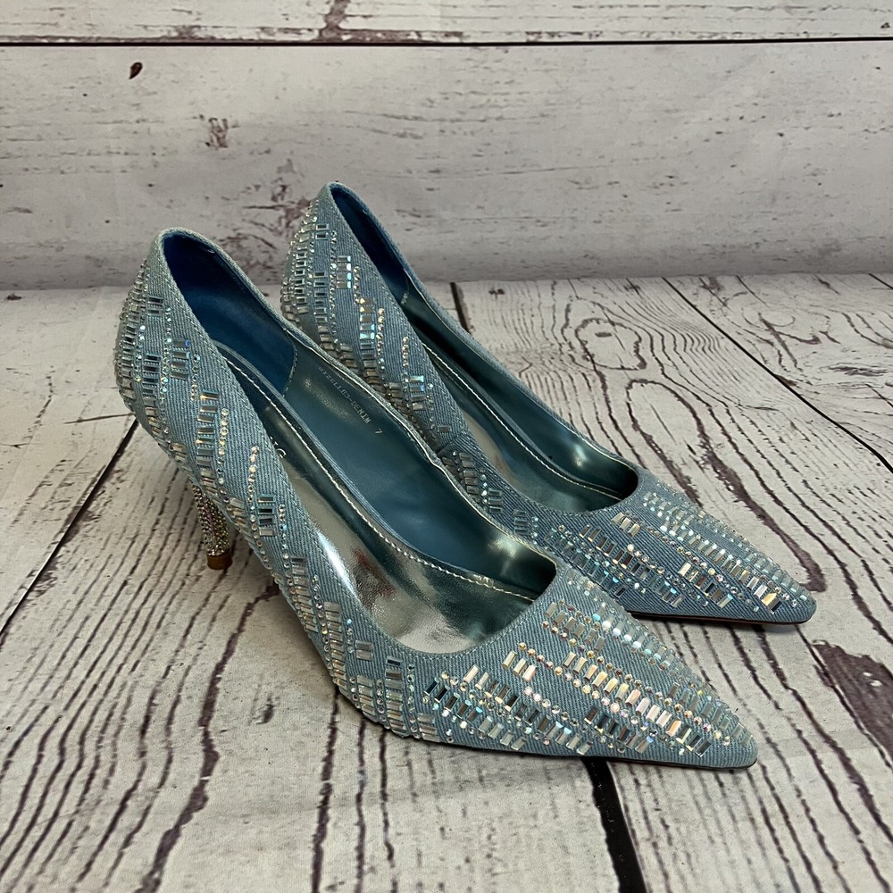 Azalea Wang Shoes Womens Sz 7 Denim Rhinestone Heels Giselle Sparkle Embellished